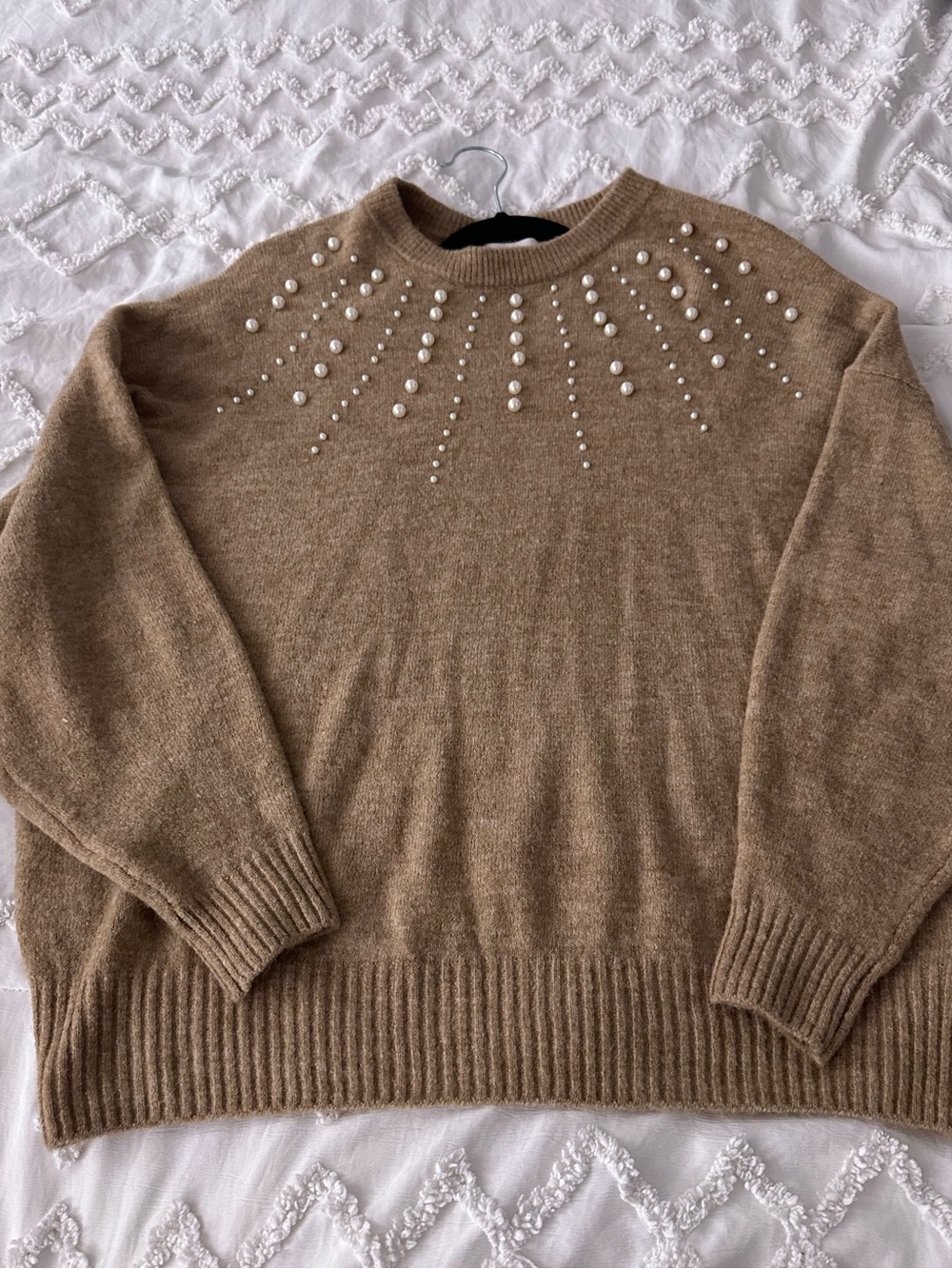 H&M Camel Pearl-Embellished Crewneck Sweater
